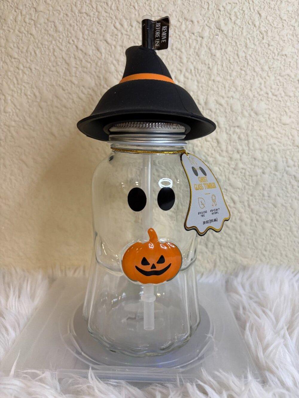 Medici Ghost Glass Tumbler 20oz Witch Hat Pumpkin Halloween Cup Straw NWT